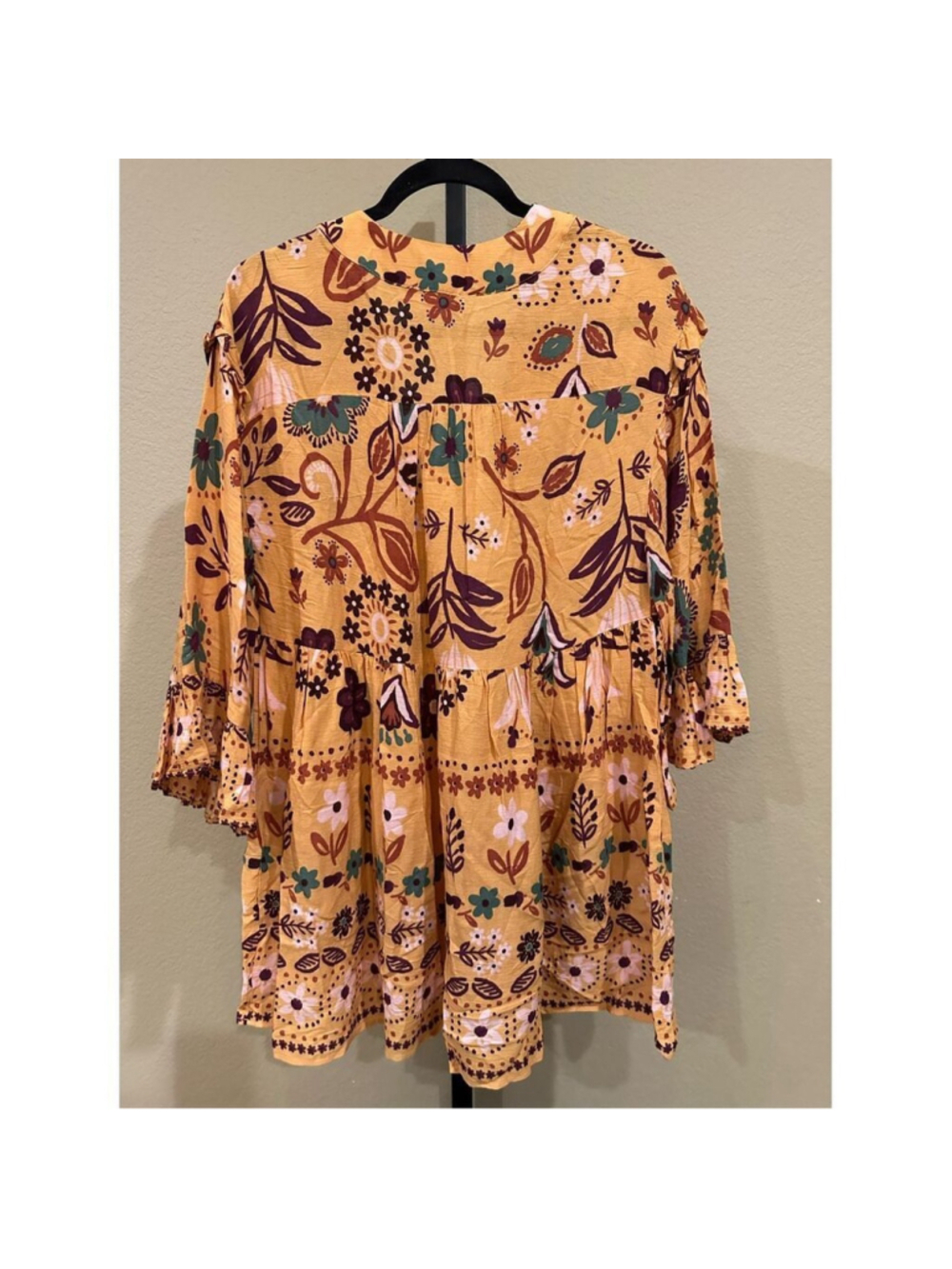 Easel Los Angeles Boho Mustard Yellow Multicolor Floral Babydoll Tunic Top Size - Picture 3 of 7